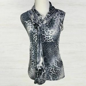 American City Wear Tie Neck Top SMALL Sleeveless Blouse Faux Snake Print Shirt